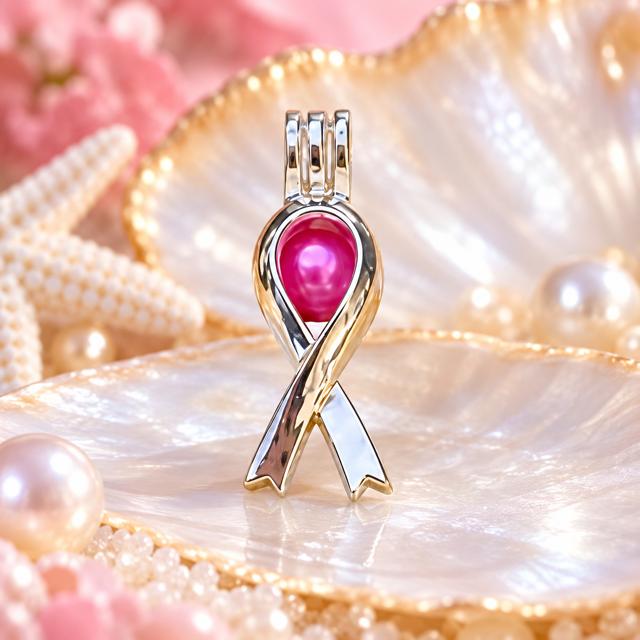 Breast Cancer Awareness Ribbon w/Pink Pearl Cage