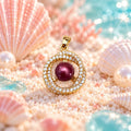 Burgundy Pearl Halo Pendant - Gold