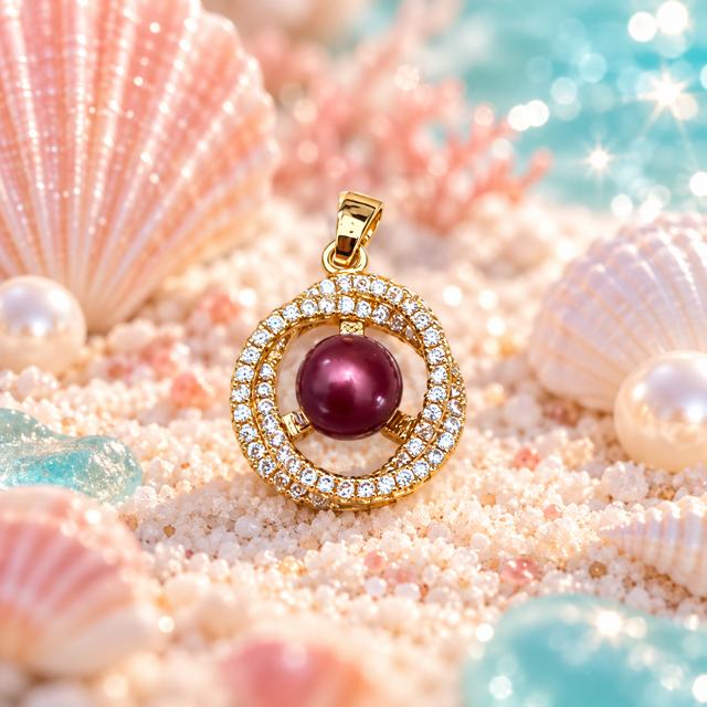 Burgundy Pearl Halo Pendant - Gold