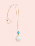 Baroque Pearl and Turquoise Pendant and Chain - Gold