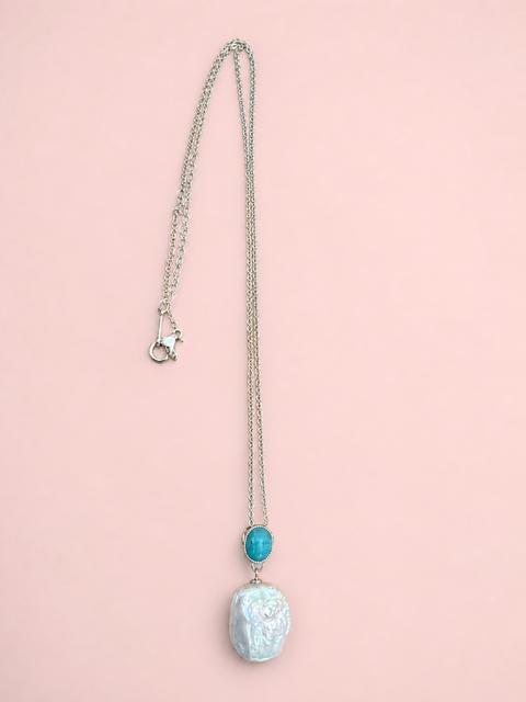 Baroque Pearl and Turquoise Pendant and Chain - Silver