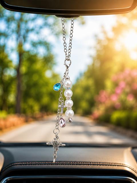 Car Charm for Mirror - Cross w/Rose