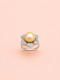 Gold Button Pearl and Flower Adjustable Ring