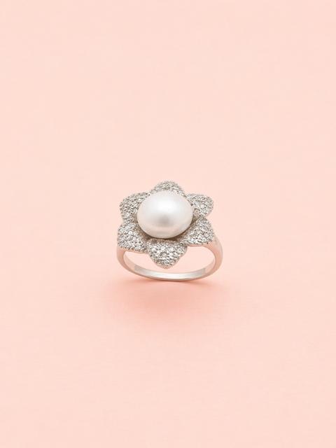White Button Pearl and Flower Adjustable Ring